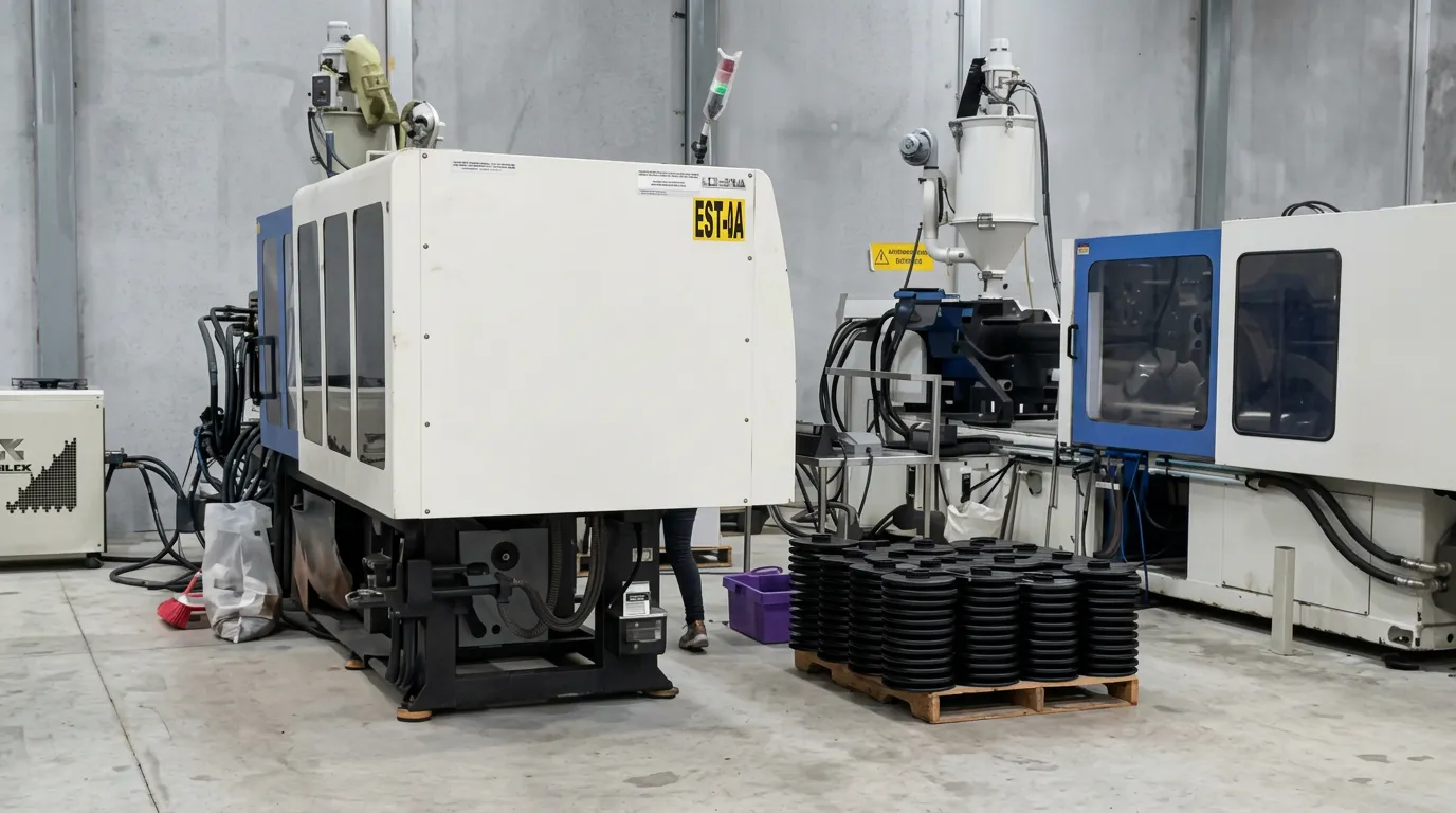 Máquina de inyección con tarima de carretes negros terminados a un costado