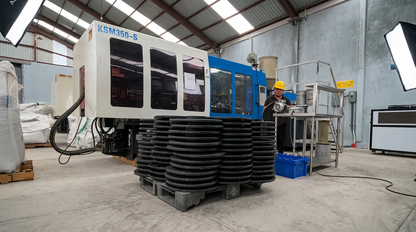 Máquina de inyección KSM350-S en operación con carretes recién producidos en la planta de IPASA