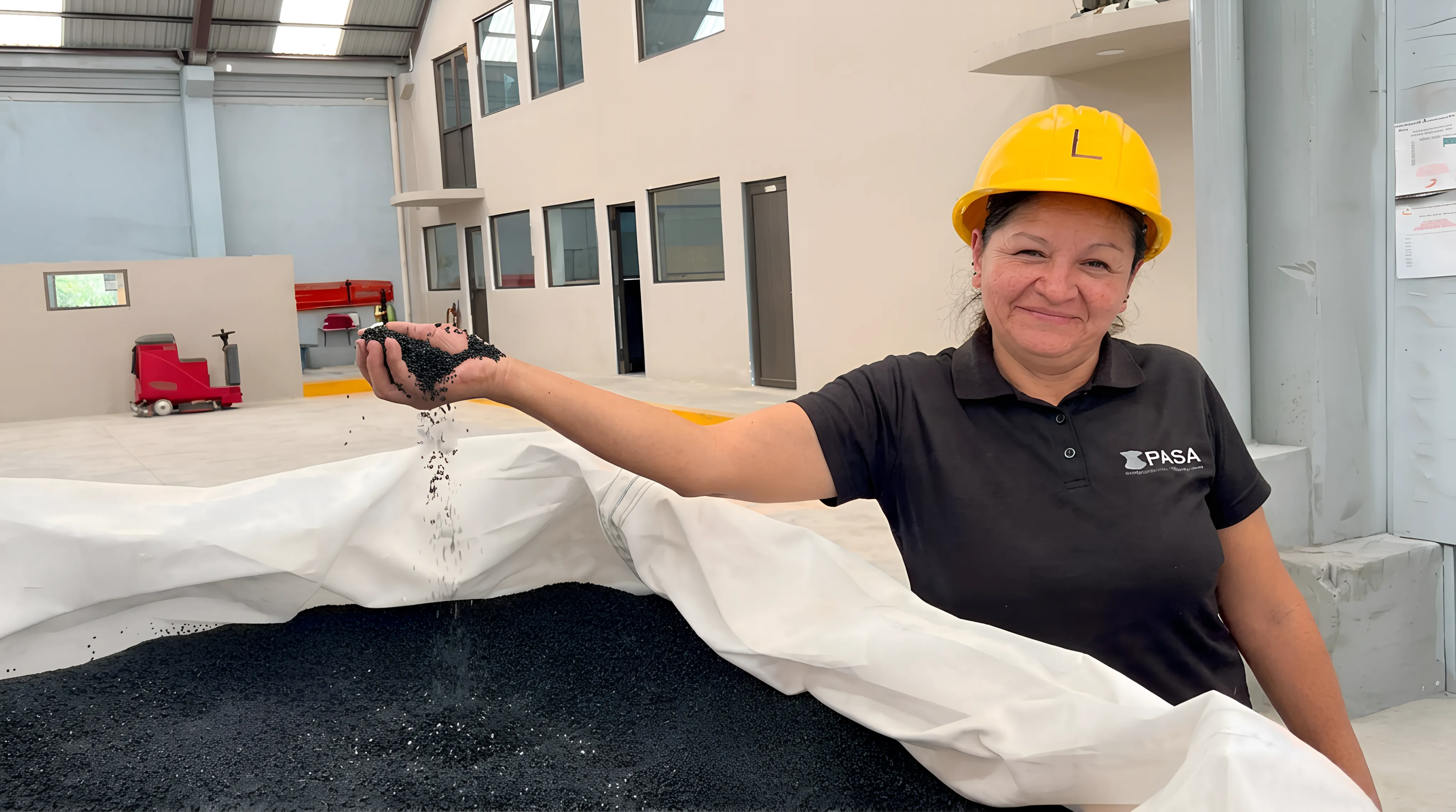 Trabajadora de IPASA tomando pellet de resina de un costal de materia prima