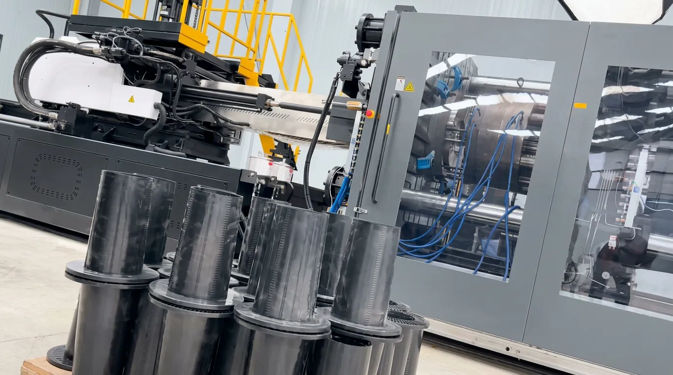 Máquina de inyección con el molde abierto y carretes recién desmoldados